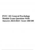 PSYC 101 (General Psychology) Exam Practice Questions With Answers - Latest 2023/2024 (100% GRADED)