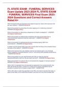 FL STATE EXAM - FUNERAL SERVICES Exam Update 2023-2024 FL STATE EXAM  - FUNERAL SERVICES Final Exam 2023- 2024 Questions and Correct Answers  Rated A+