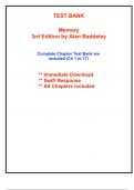 Test Bank for Memory, 3rd Edition Baddeley (All Chapters included)