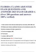 FLORIDA CLAIMS ADJUSTER  EXAM QUESTIONS AND  ANSWERS 2023 EXAM GRADED A (Over 200 questions and answers  100% verified)