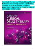Test Bank For Abrams’ Clinical Drug Therapy Rationales for Nursing Practice 12th Edition (Version 2023/2024) Geralyn Frandsen ISBN/ISSN 9781975136130 VERIFIED 100%  ANSWERS COMPLETE.