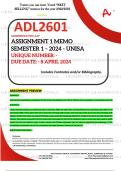 ADL2601 ASSIGNMENT 1 MEMO - SEMESTER 1 - 2024 UNISA – DUE DATE: - 8 APRIL 2024 (DETAILED ANSWERS WITH FOOTNOTES AND A BIBLIOGRAPHY - DISTINCTION GUARANTEED!)