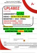 LPL4802 ASSIGNMENT 3 QUIZ MEMO - SEMESTER 1 - 2024 - UNISA - DUE : 16 APRIL 2024 (INCLUDES EXTRA MCQ BOOKLET WITH ANSWERS - DISTINCTION GUARANTEED)