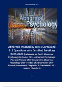 Abnormal Psychology Test 1 Containing 212 Questions with Certified Solutions 2024-2025. (Notecards for Test 1 Abnormal Psychology 8e Comer CH1 - Abnormal Psychology: Past and Present CH2 - Research in Abnormal Psychology CH3 - Models of Abnormality CH4 - 