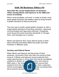 UNIT 37 BUSINESS ETHICS P3 Describe the social implications of business ethics facing Marks and Spencer in its different areas of activity. 