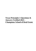 Texas Principles 1 Questions & Answers Verified 2023 - Champions School of Real Estate, TEXAS PRINCIPLES 1 EXAM, Real Estate Exam Review – Texas Portion & CHAMPIONS SCHOOL OF REAL ESTATE SALESPERSON NATIONAL PREP EXAM 1 WITH ANSWERS 2023 (Best Latest Guid